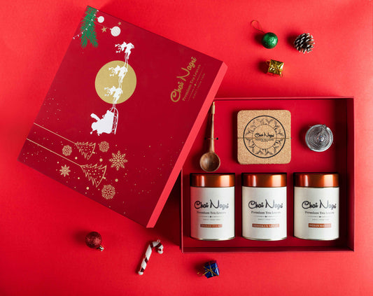 Chai Nagri Weihnachts-Tee Geschenkbox – 3 Premium-Tees deiner Wahl + edles Zubehör