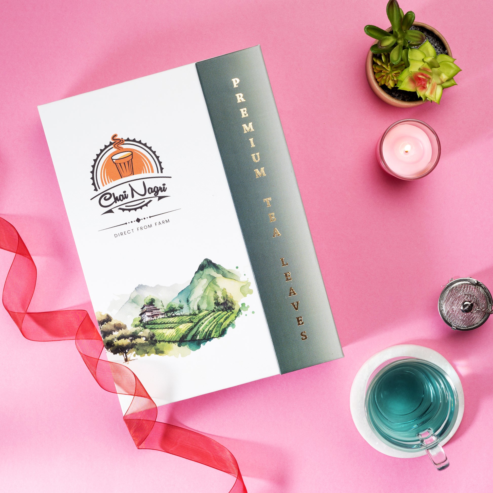 Chai Nagri Geschenkbox mit Tees, Band, Kerze und Deko – ideal für besondere Momente.