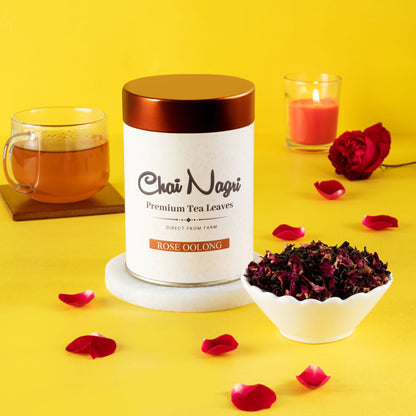 Rose Oolong Tee von Chai Nagri – Oolong mit Rosenblättern, blumig, aromatisch, sanft koffeinfrei